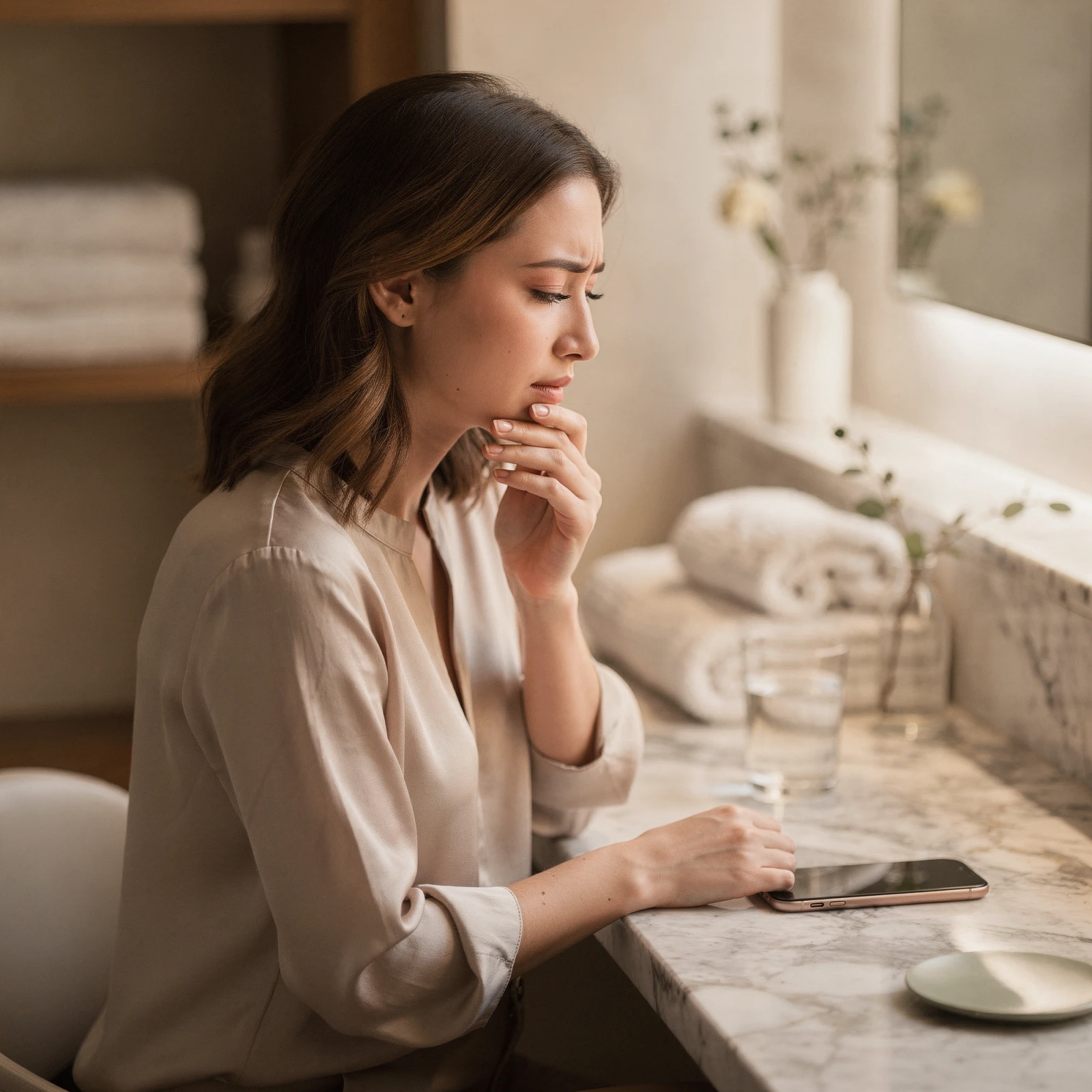 Woman experiencing tooth pain, holding her jaw while sitting at a kitchen counter